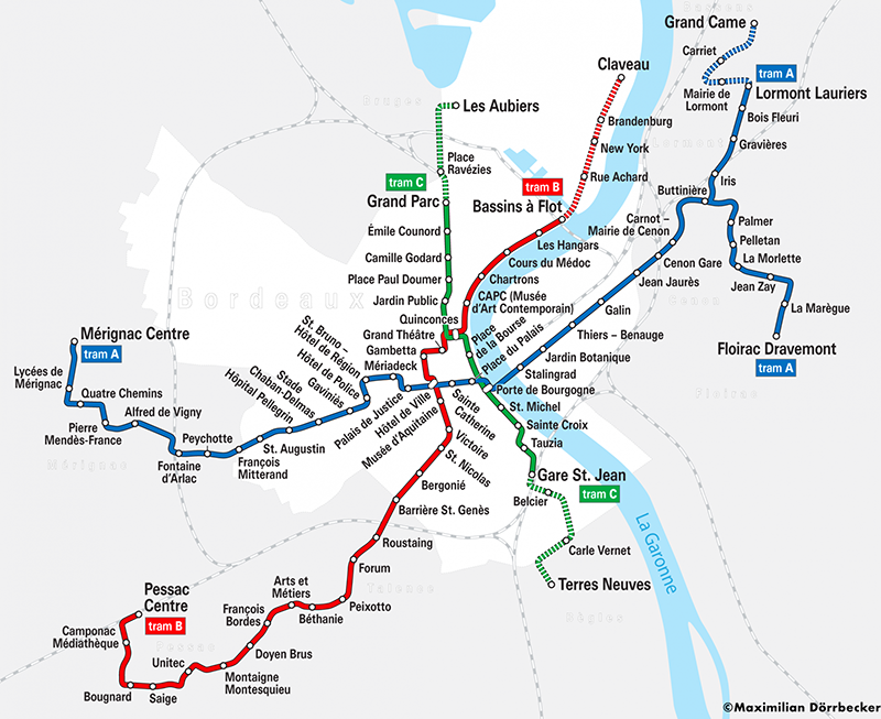 Les lignes de tram à Bordeaux en 2018
